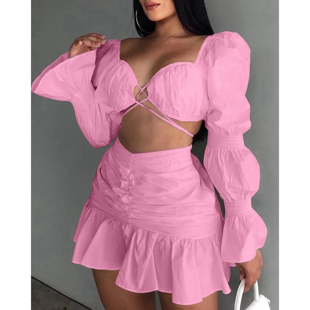 Elegant Women Lantern Sleeve Sweetheart Neck Crop Top & Skirt Sets Female Summer Ruched Ruffles Skirts Sexy Two Pieces Dress Set