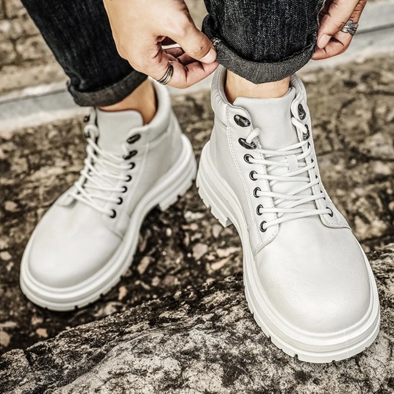 

Мужские высокие кожаные ботинки с круглым носком, однотонные, на шнуровке, на плоской подошве, новые, больших размеров, высококачественные рабочие ботинки