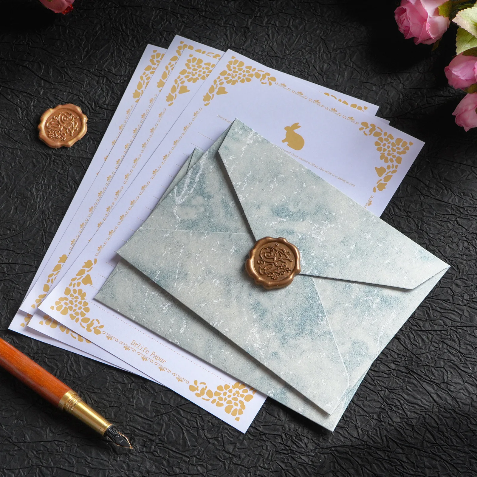 

Набор конвертов в стиле стрейт с золотым тиснением - конверты с восковой печатью для любовных писем на День святого Валентина, свадьбу, день рождения