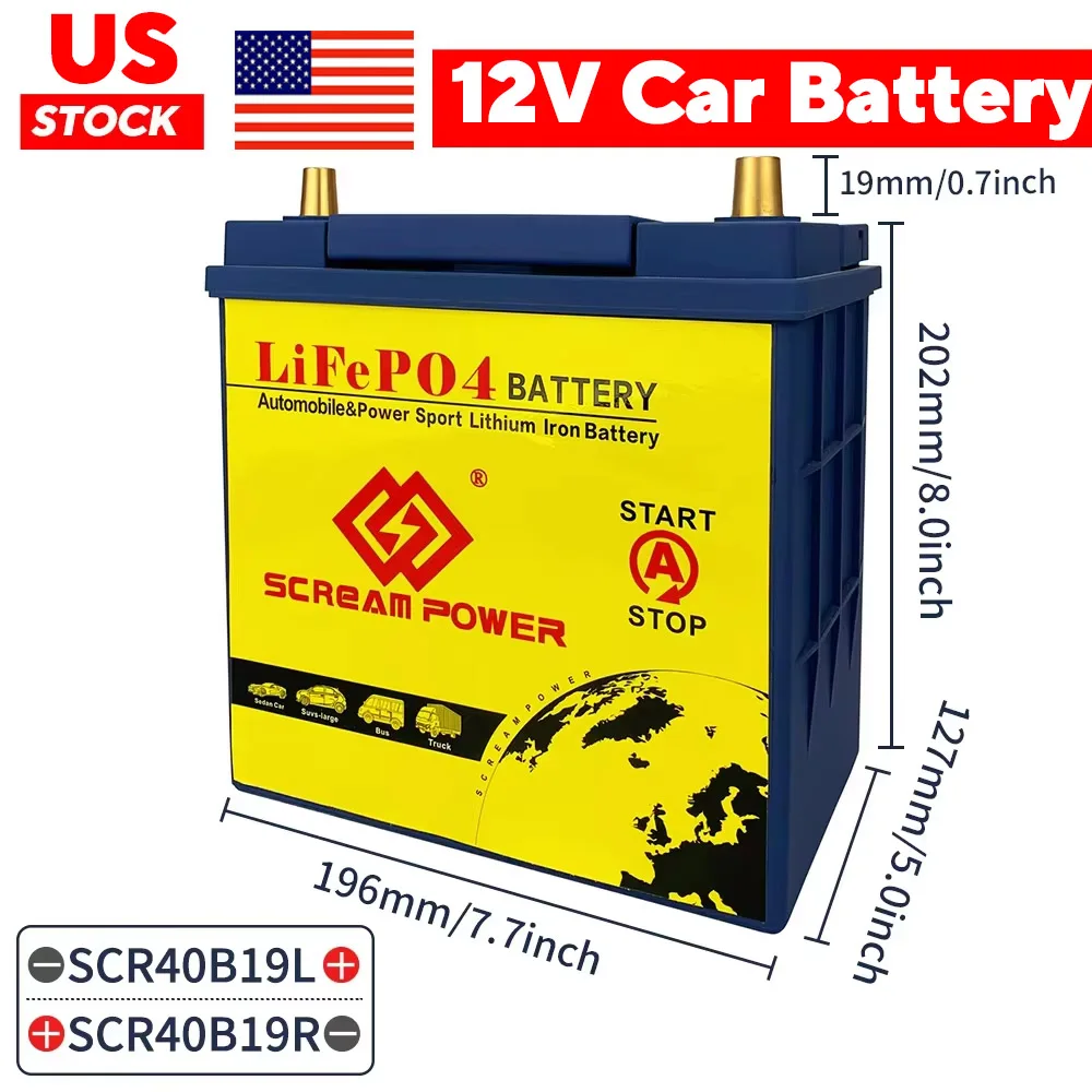 40B19L/R Car Lifepo4 Lithium Battery 12V 20Ah 680CCA Automobile Battery Built in BMS for Automotive Sedan SUV Van Bus Truck