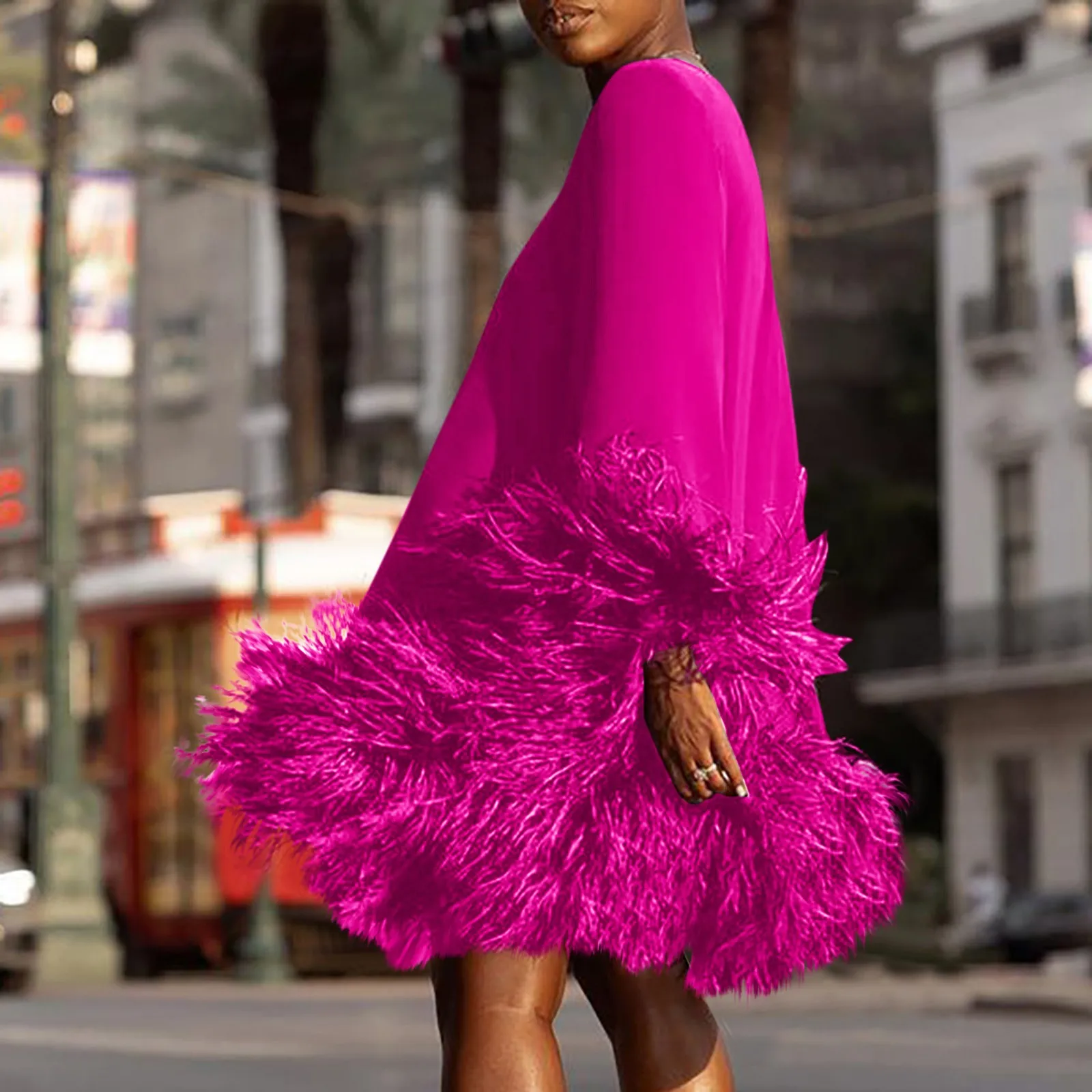 فستان فروي طويل الأكمام غير رسمي ، تنورة صغيرة ، أحادية اللون ، رقبة مستديرة ، الكفة تنحنح ، خليط ، فضفاض ، الربيع ، الخريف