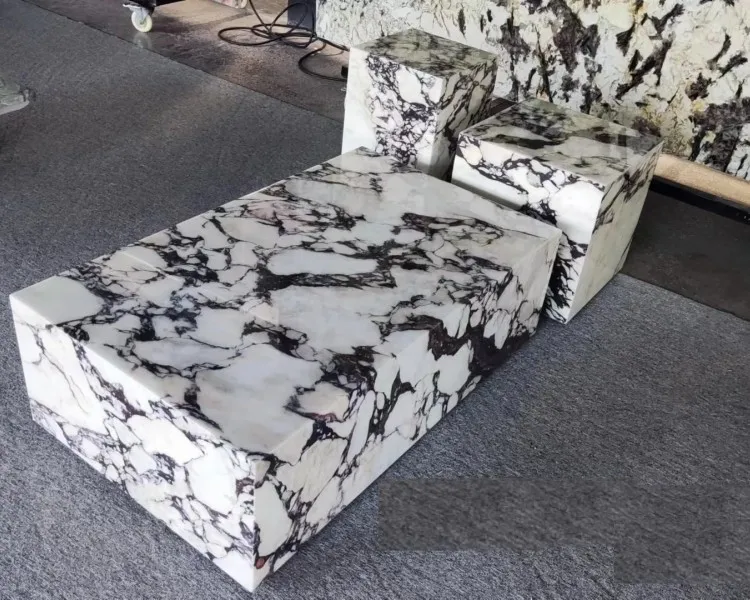 

100% Natural Stone Polished Marble Corner Table Caracatta Viola Marble Base Cube Table White Marble Coffee Table