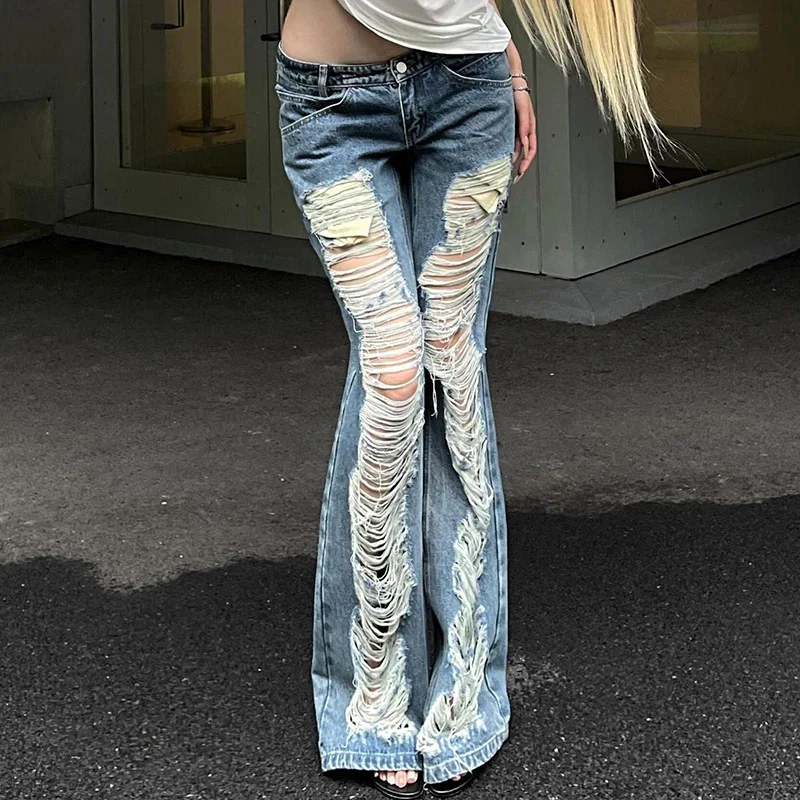 Y2K Streetwear Jeans Women Slim Fit Hole Hottie Harajuku Bootcut Jeans American Vintage Summer Low Waist Female New Denim Pants