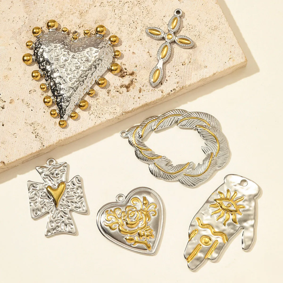 Retro Stainless Steel Love Cross Charm Simple Gold Color Irregular Color Matching Pendant Fashion Necklace Jewelry Accessories