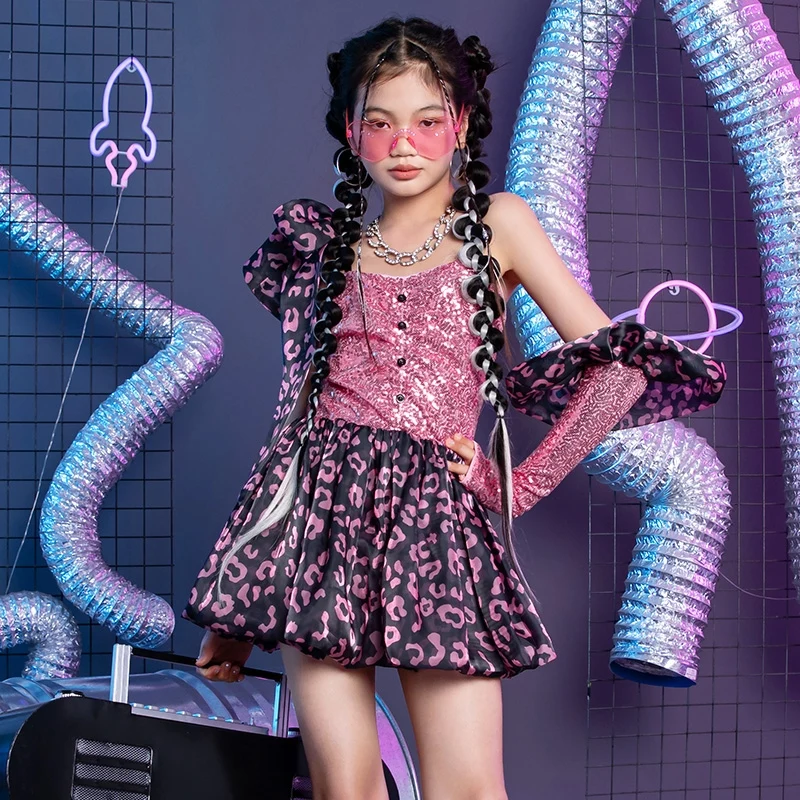 Robe de Soirée à Paillettes pour Enfants, Vêtements Hip Hop Mignons, Groupe de Bol, Tenues de brevJazz et Kpop, Costume de Scène et de Rue, XS8702