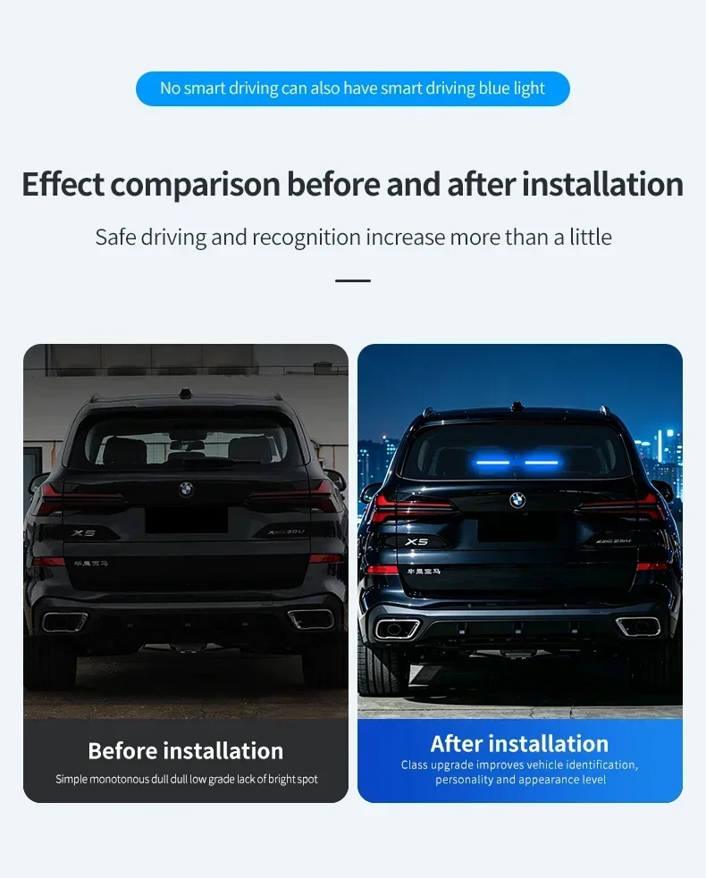 Solarbetriebene, intelligente LED-Dekorationsleuchte für das Auto, ohne Verkabelung, blaue Ambientebeleuchtung, automatische Vibrationssensor-Steuerung, Warnleuchte für die Heckscheibe. – Detail 3