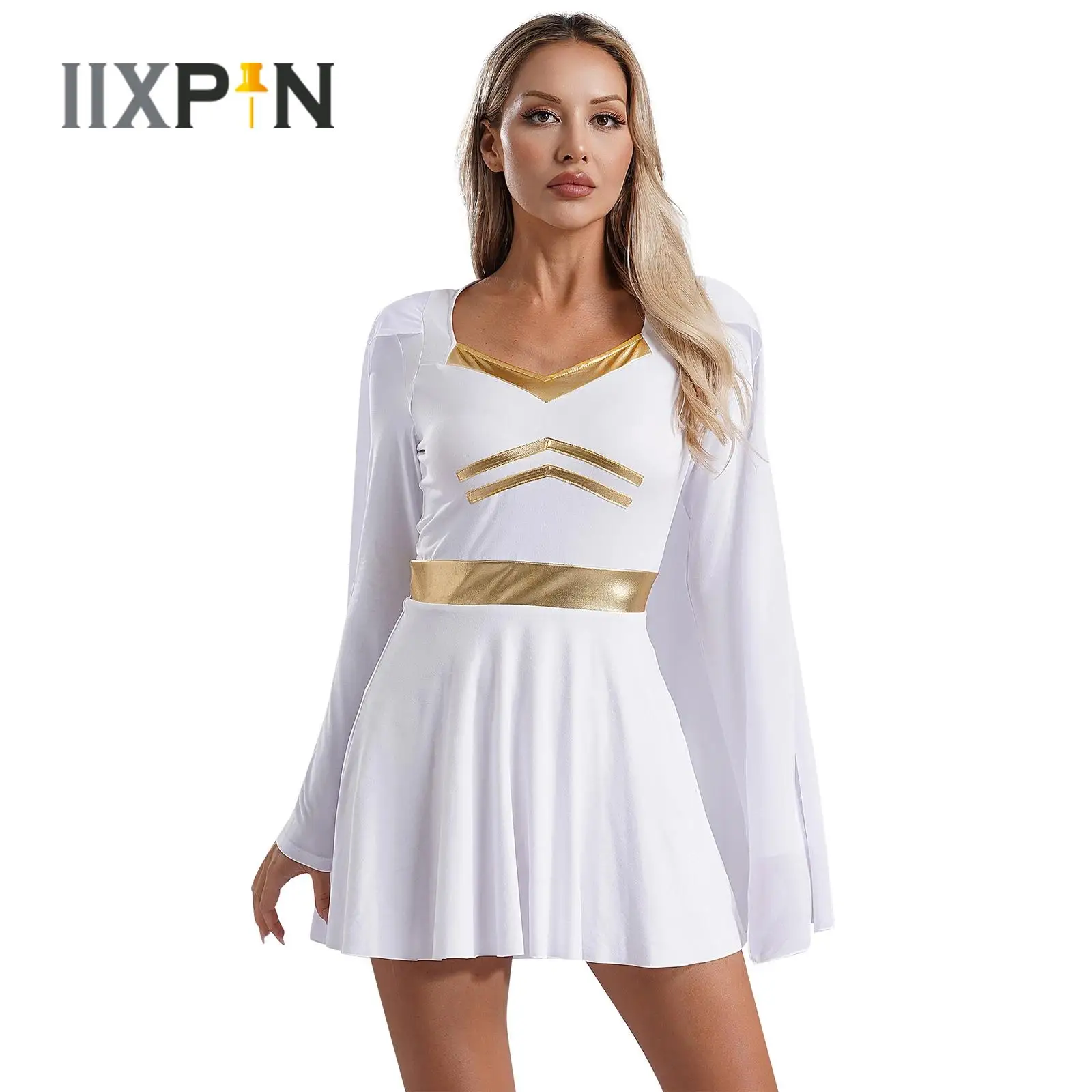 

Halloween Greek Deity Cosplay Costume Womens Long Sleeve Metallic Trim Chiffon Cape Dress for Roman Queen Princess Dress Up Robe