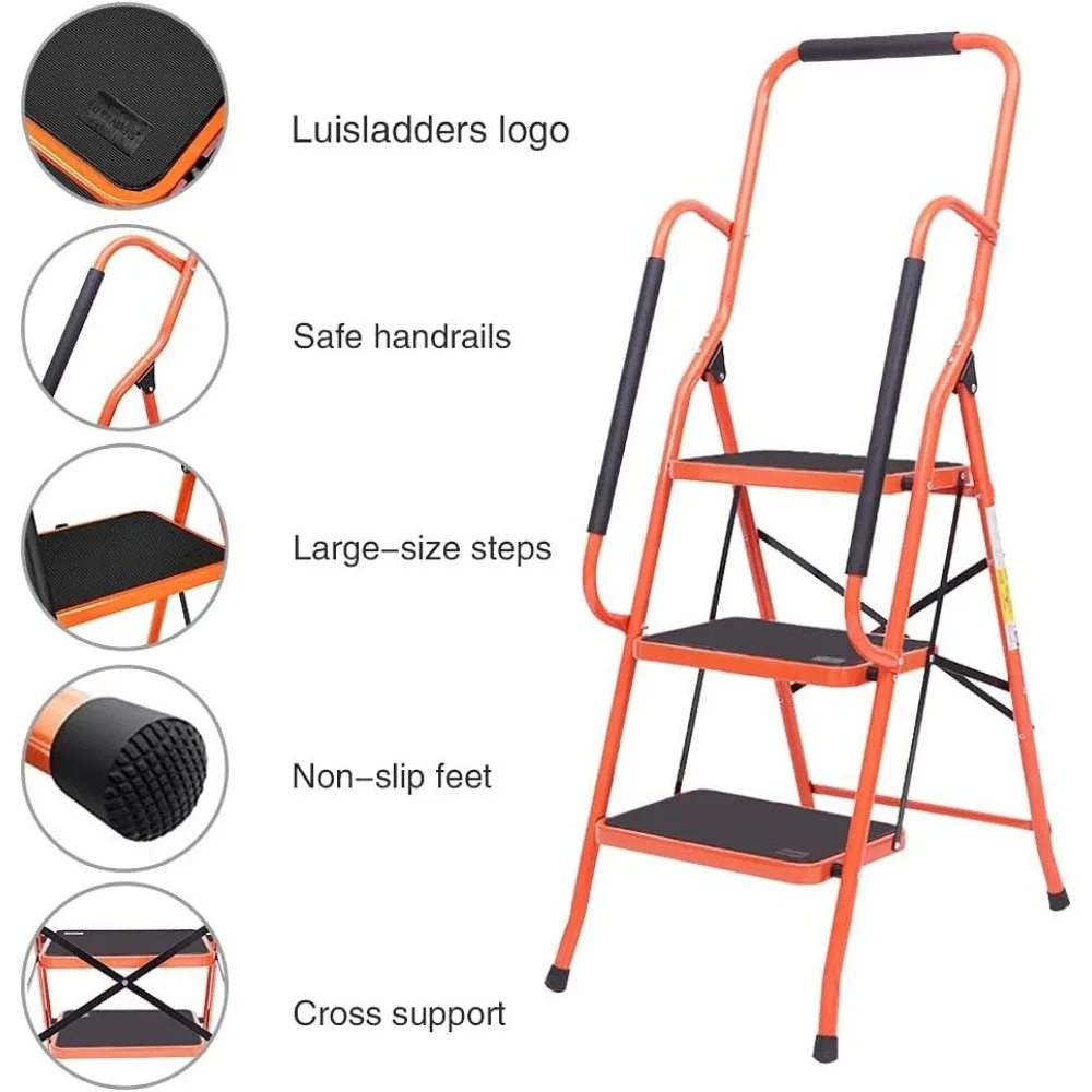 Scaletta portautensili pieghevole in acciaio a 3 gradini con impugnature imbottite e pedali larghi