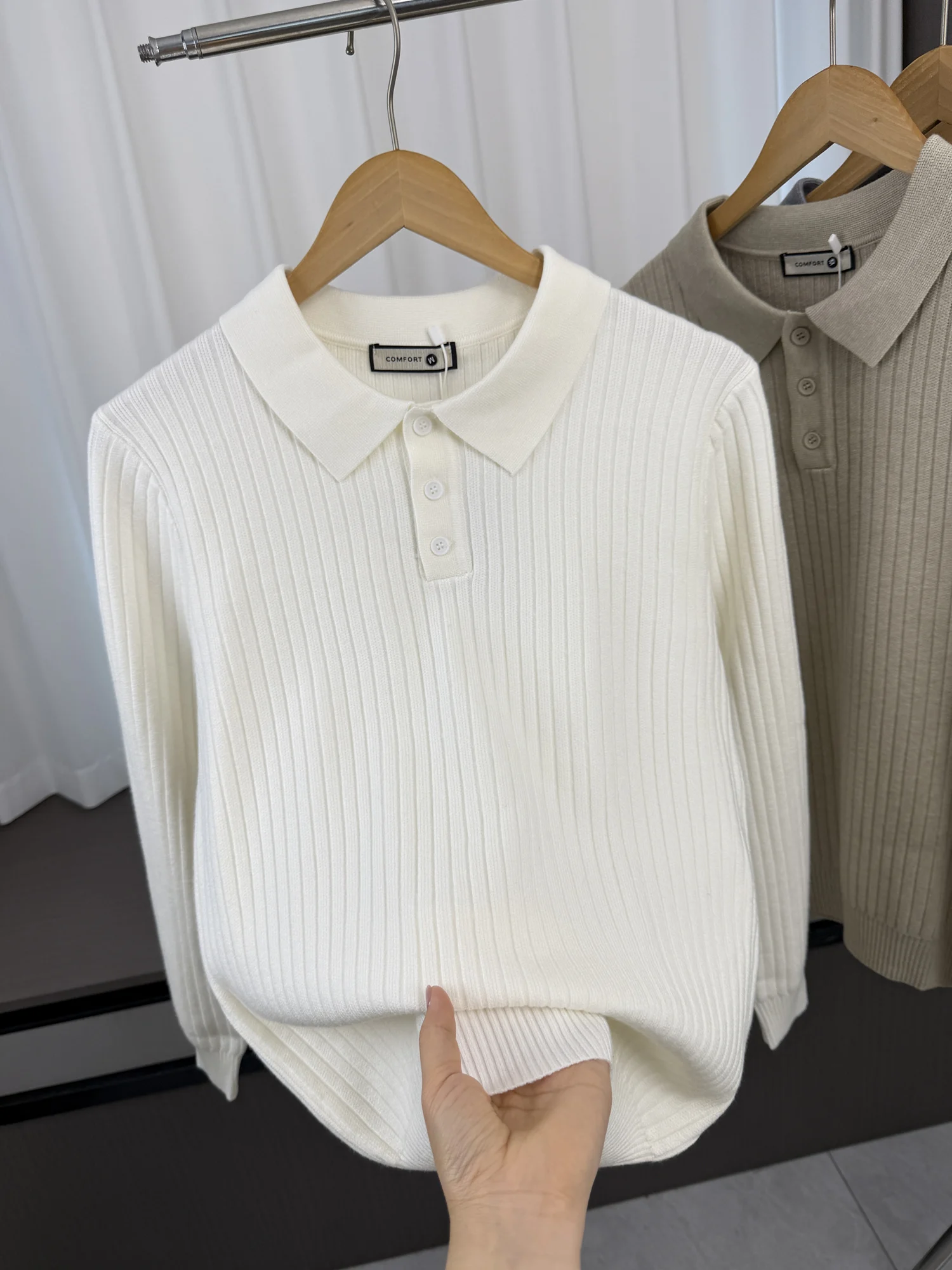 Comfortable Men's Knitted  Shirt High Collar Sweater Vertical Stripe Texture Autumn Fashion Casual Loose Fit Long Sleeve