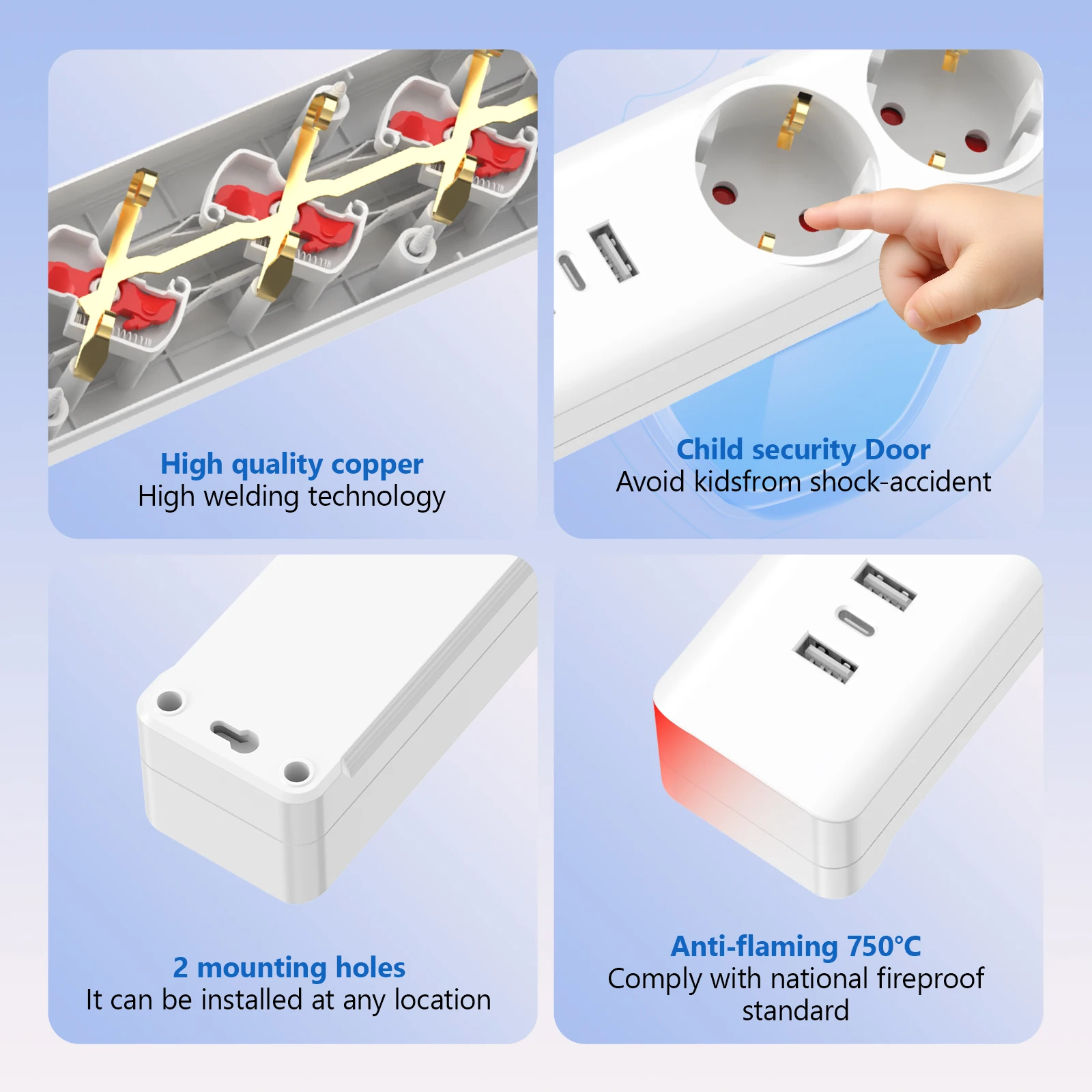 الاتحاد الأوروبي التوصيل قطاع الطاقة مآخذ منفذ متعددة 2 متر تمديد الحبل مقبس كهربائي مع 2 USB 1 منافذ Type-C 3 محول مأخذ التوصيل مع