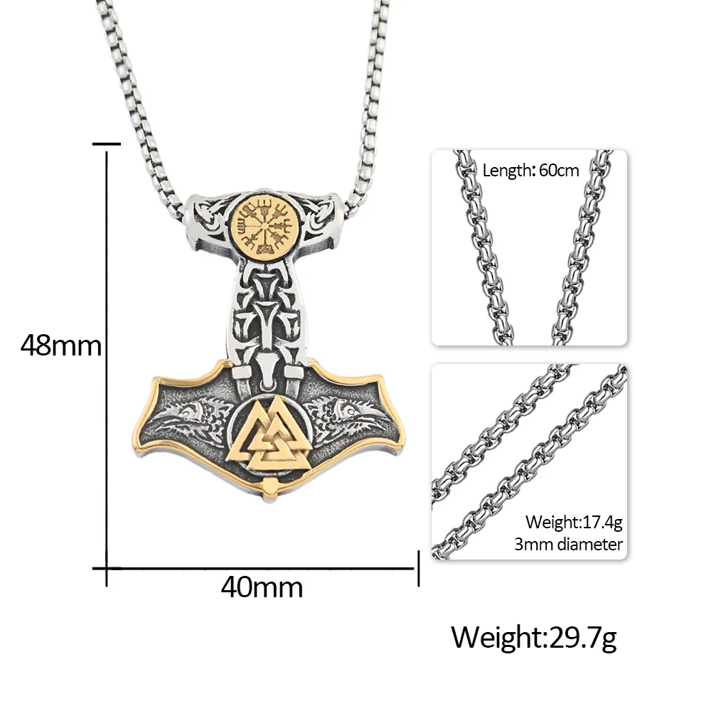 Unique Viking Mjolnir Raven and Norse Rune Pendant Stainless Steel Thor's Hammer Necklace Men's Road Sign Compass Amulet Jewelry