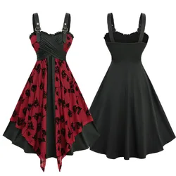 Women's Summer Casual Dresses Flowers Flocking Mesh Ruched Crisscross Ruffles Asymmetrical Tank Dress Red High Stretch Vestidos