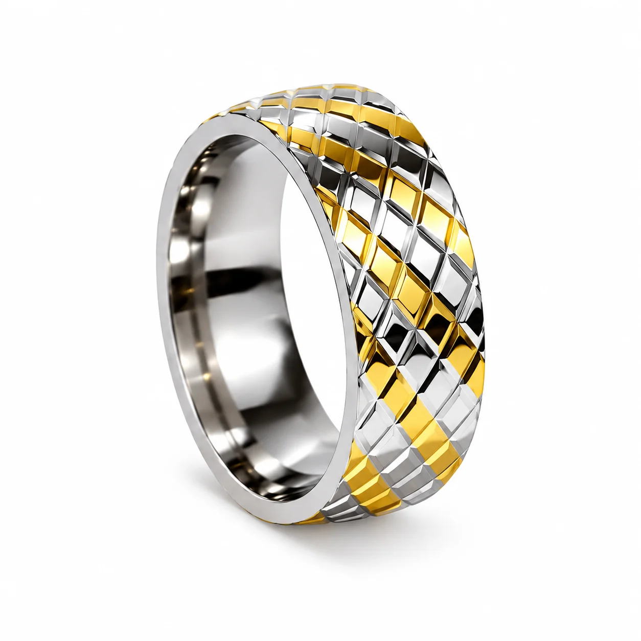 20Pcs/Lot Stainless Steel Rings Two Tone Gold Silver Diamond Cut Checkerboard Band Unisex Men Women Wedding Jewelry Wholesale Bu