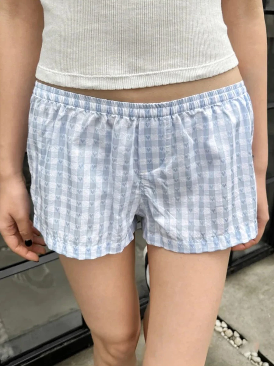 

Cotton Blue Heart Plaid Straigth Shorts Women Summer Elastic Waist Casual Sweet Short Pant Y2k Pants Vintage Home Underwear