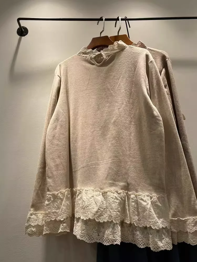 Mori kei lace collar long sleeve t shirt for women pullover autumn Japan style lace embroider patchwork shirts backing shirts