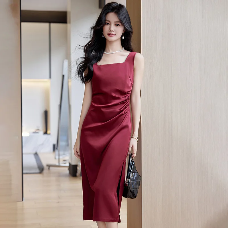 فستان أخضر بدون حمالات للربيع والصيف بدلة تنورة داخلية من الساتان عالي الجودة من الأسيتات