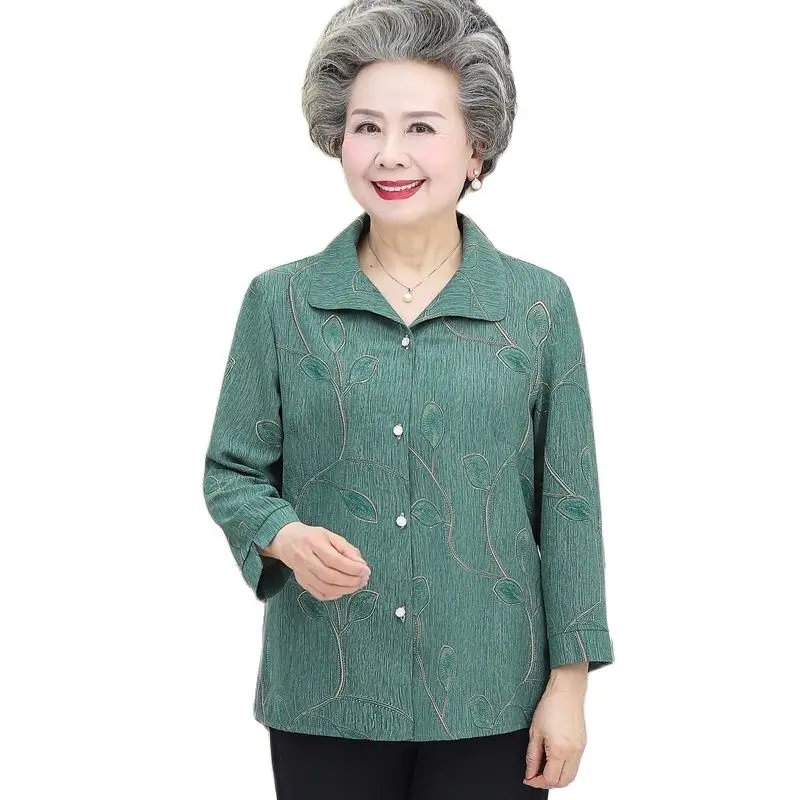 Elderly Women Cardigan Shirts 2023 New Spring Summer Casual Grandma Blouse 60 To 80 Years Old Middle-Aged Mother Blusa Tops 5XL