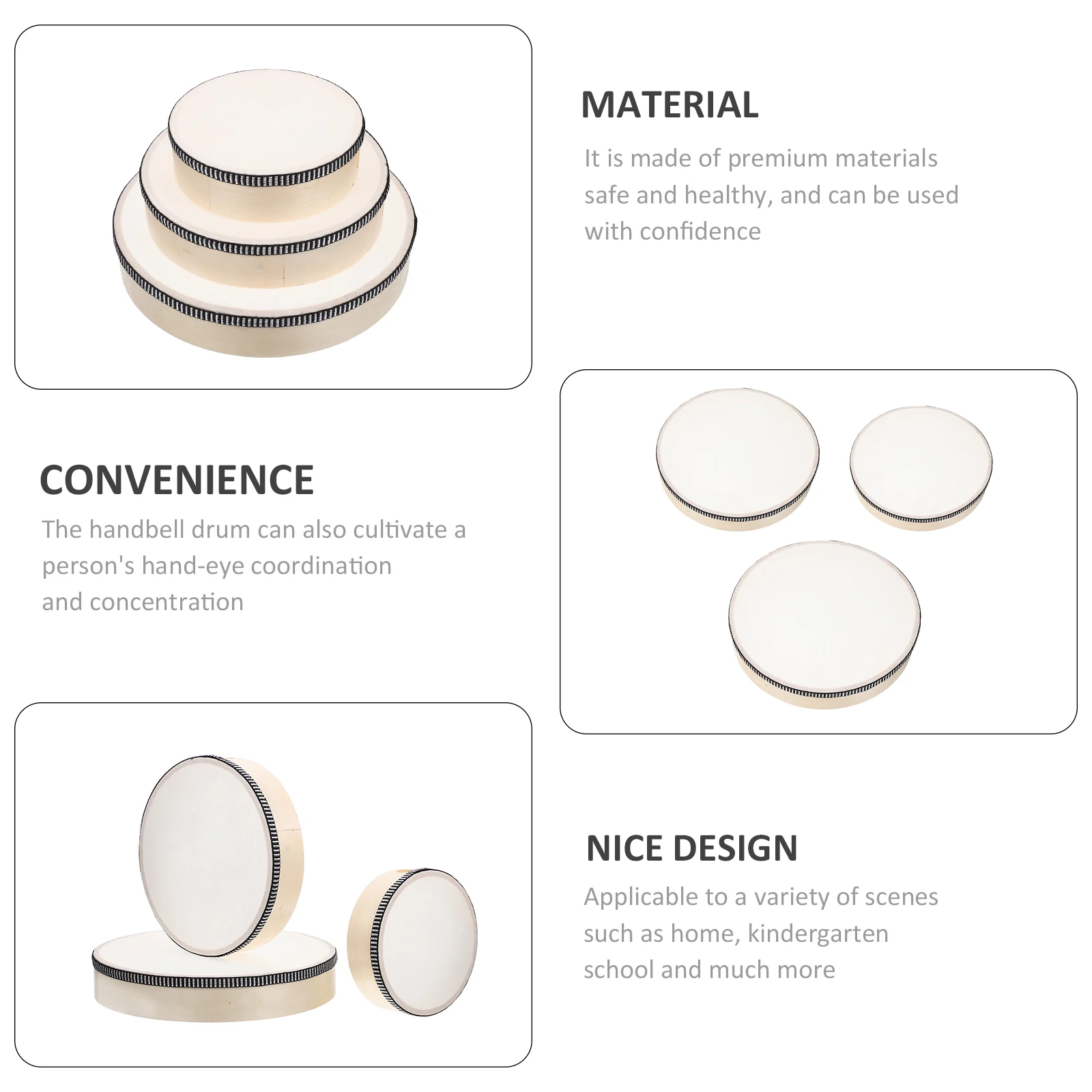 

3pcs Bell Hand Drum Musical Instrument Educational Percussion Safe Premium Quality Home School Use Handheld Patting Drum