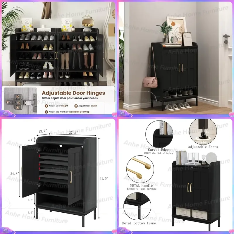 41.5 Inch Tall Entryway Shoe Cabinet Storage Organizer with Doors 3 Tier Shoe Rack Shelf Unit for Hallway Living Room