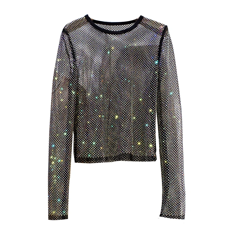 Summer New Ladies Temperament Rhinestone Round Neck Long Sleeve Bright Starlight Hollow Shiny Bottoming Shirt Women\'s Top Trend