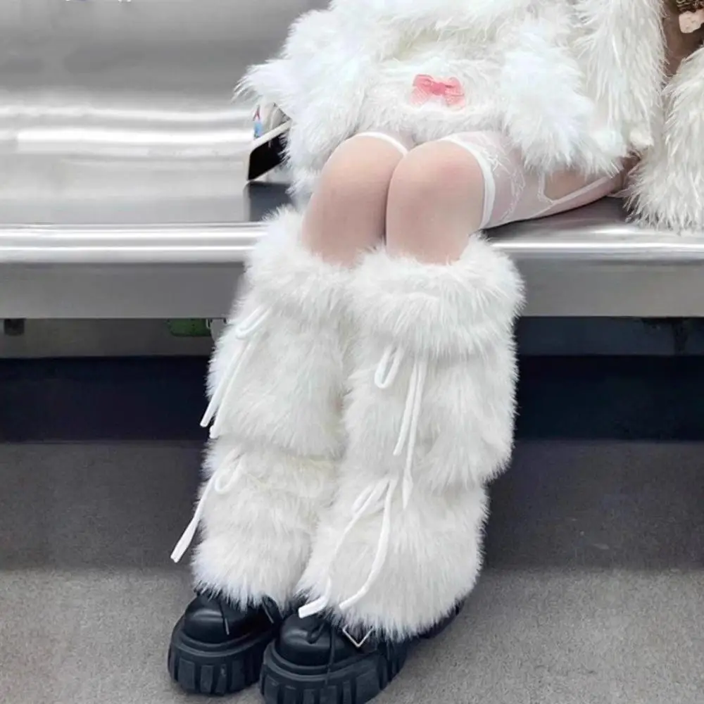 النساء الشتاء الدافئة التمهيد الأصفاد تدفئة الساق Harajuku JK الفتيات Bowknot فو الفراء واقي أحذية بلاستيك Y2K القوطي الجوارب سميكة أفخم الجوارب الطويلة