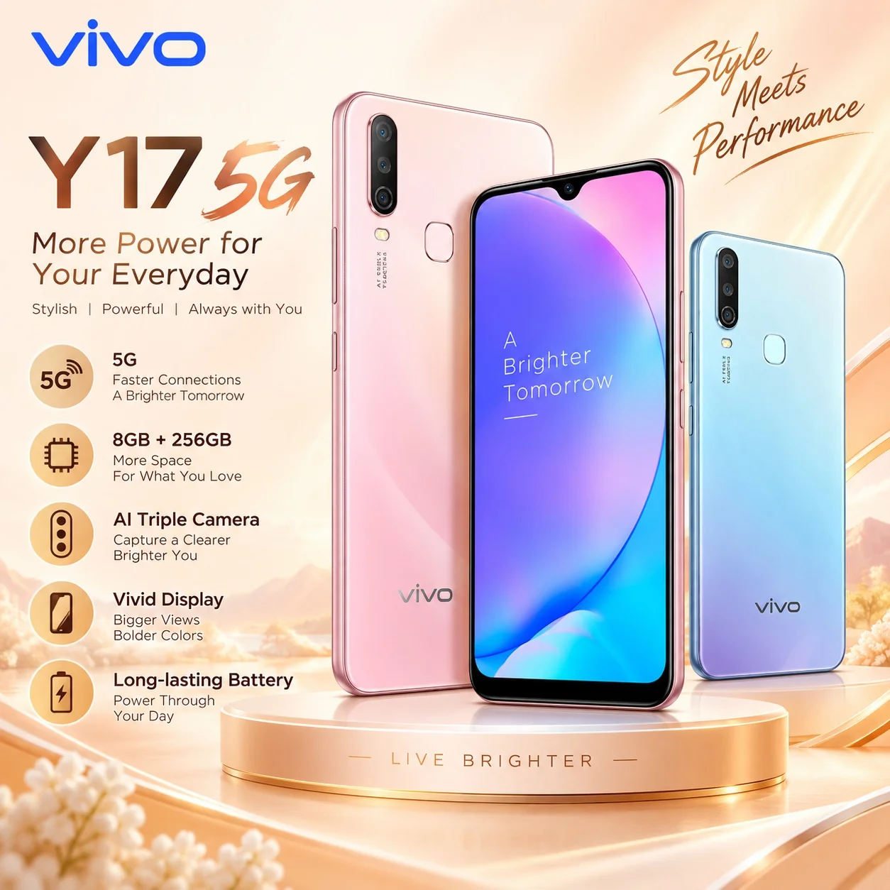 VIVO Y17 5G: 6.58-inch HD+ display, 20MP selfie camera, triple rear cameras, 5000mAh battery and fast charging for everyday use.