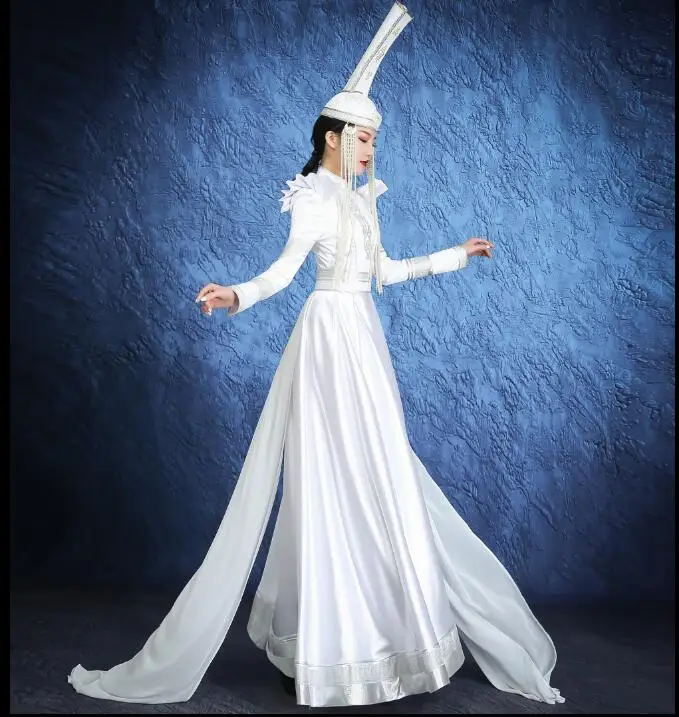 White Chinese Mongolian Robe Performance Costume Stage Women Dress Wedding