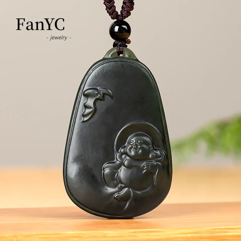 Natural Hetian Jade Black Jade Laughing Buddha Maitreya Pendant Hand-Carved Exquisite Luxury Jade Necklace for Men & Women Gift