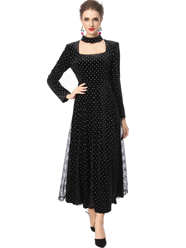 DLDENGHAN Women's Vintage Velvet Dress with Square Collar Long Sleeves Diamond Sash Dot Pattern for Autumn Fashion Female