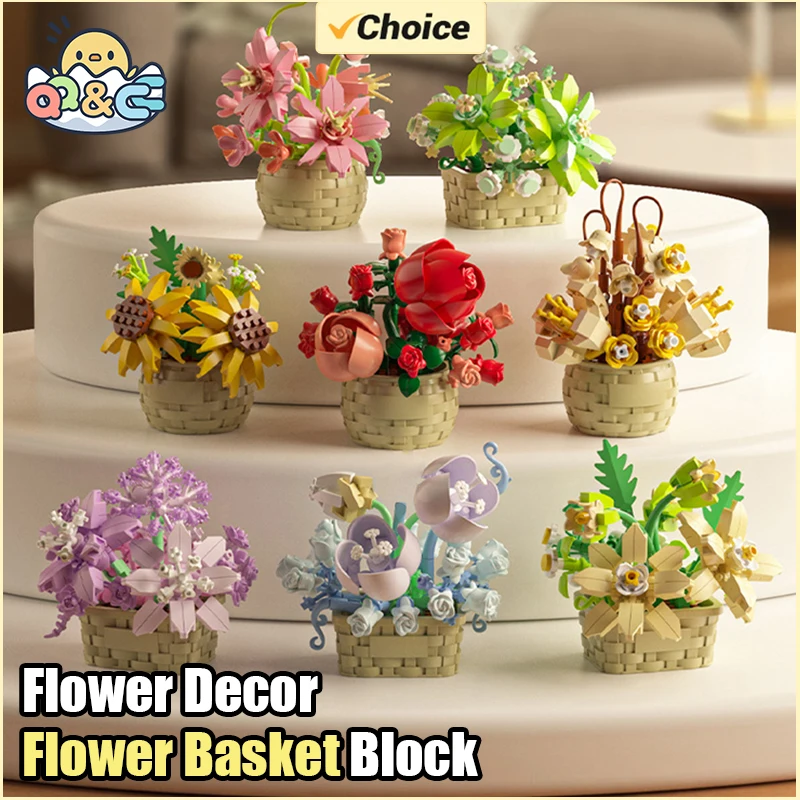 Flower Bouquet Building Kit Bonsai Rose Fower Basket Building Blocks Set Artificial Toys Valentines Day Gifts for Girlfriend Mom