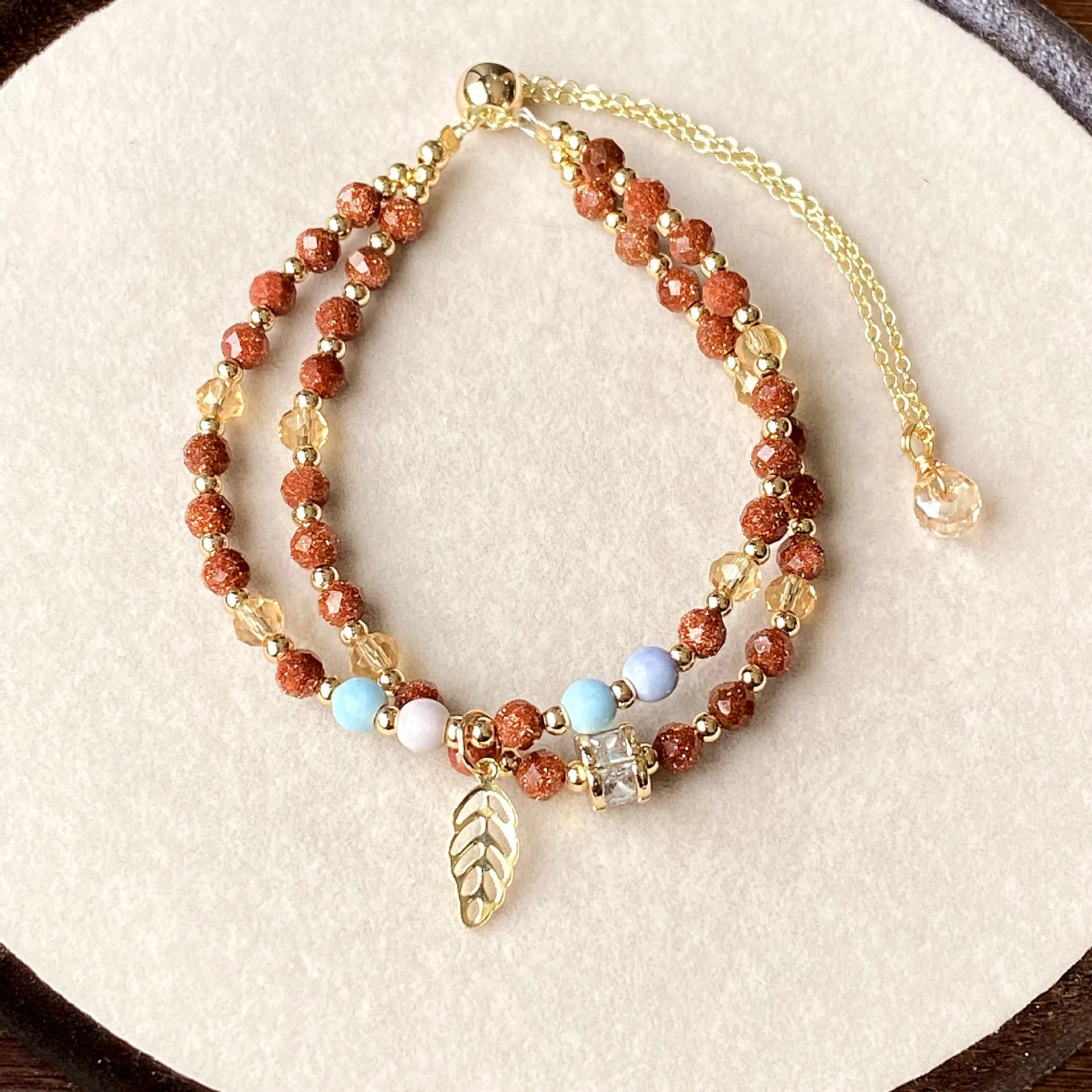 National style cut red gold sand stone, with rainbow stone double ring bracelet, flash red bracelet jewelry, jewelry wholesale