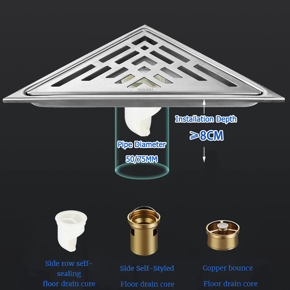 Imagem -05 - Triângulo Piso Dreno para Cozinha Chuveiro do Banheiro Filtro de Resíduos wc Água Anti-odor Canto Drenos Aço Inoxidável 304