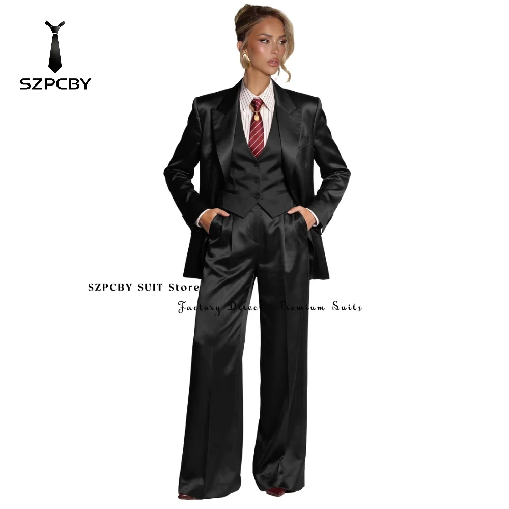 Elegant Women's 3 Piece Suit Regular Fit Black Suits for Women Business Casual Satin Blazer Vest and Wide Leg Pants Set Customiz