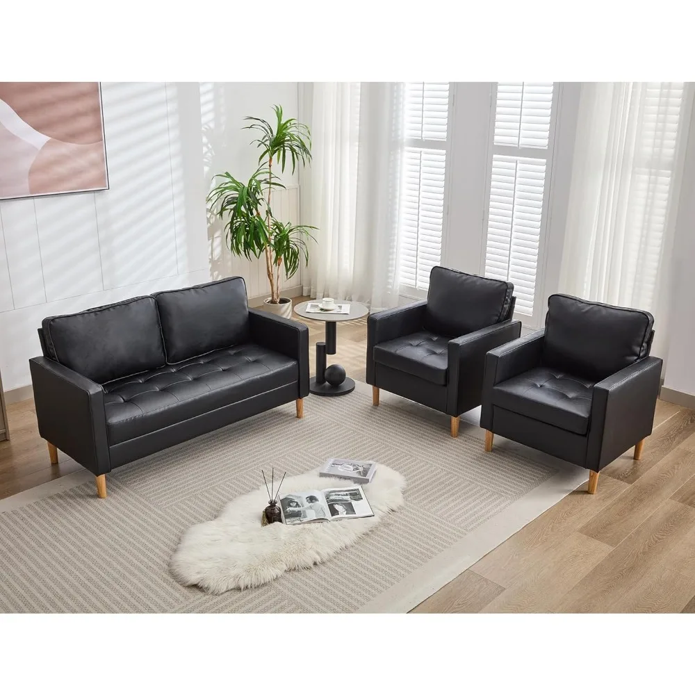 

57" Small Black Faux Leather Sofa Couches, 3 Piece Living Room Set, Mid-Century Modern Tufted Comfy Loveseat,