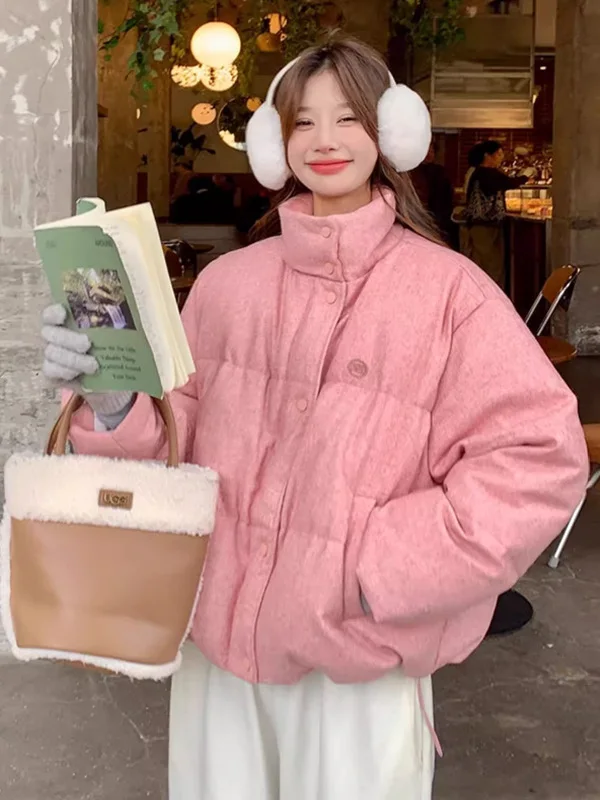 

Thiened Winter Cotton Jaet Women's Sli Korean Bread Sle Coat Warm Stand Collar Long Sve k ey Outerwear