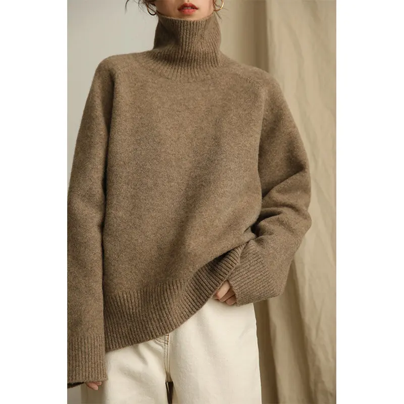 Grey Turtleneck Women\'s Pullover Sweater Loose Languid Style 2022 New Autumn Winter Cashmere Thick Long Sleeve Knit