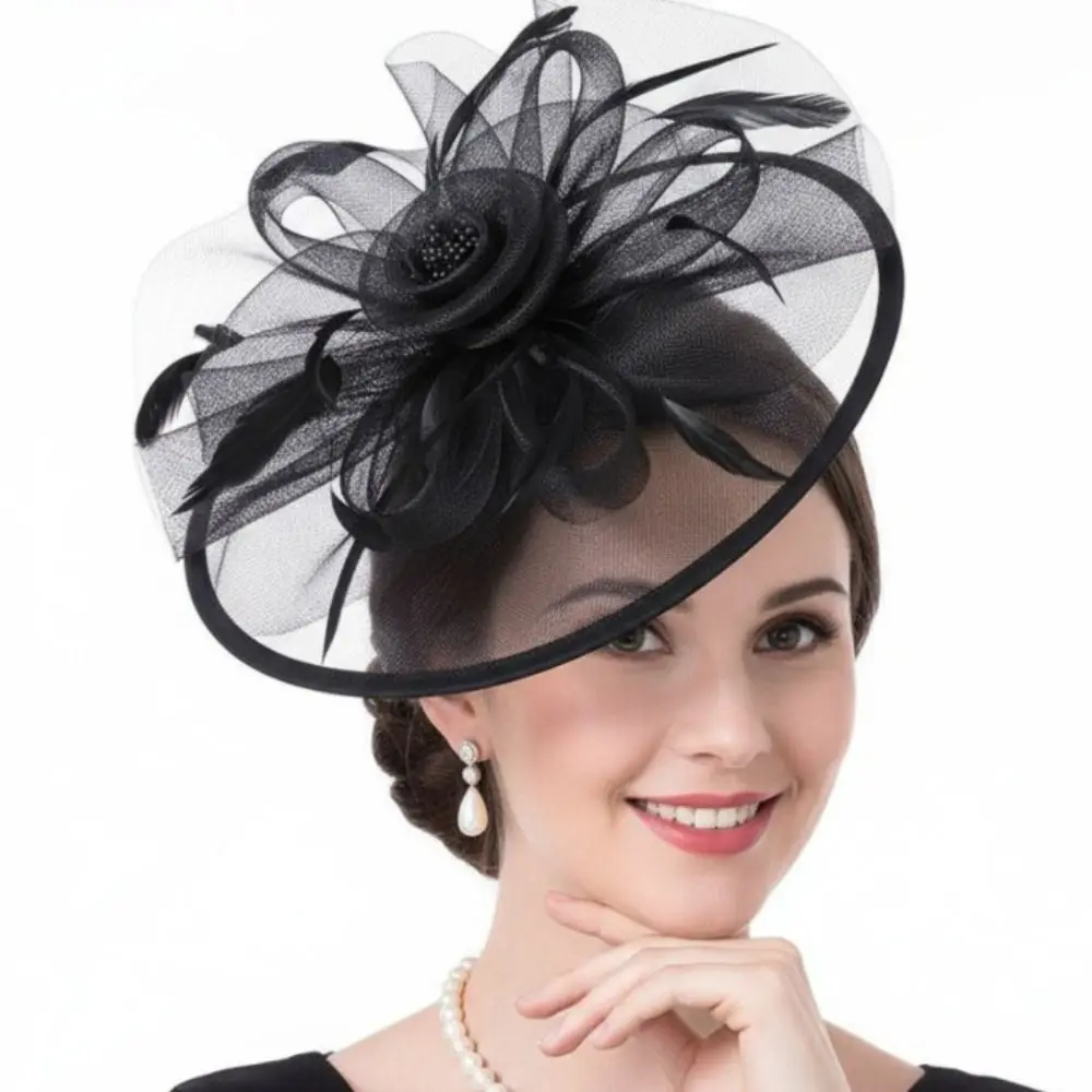 Haarspange, exquisiter Feder-Fascinator-Hut, französischer Netz-Tee-Party-Hut, Blumen-Schleife, Braut-Kopfschmuck, Tanzshow – Detail 3