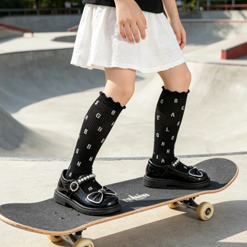 Fashion Black White Cute Pattern Mesh Ankle Socks for Little Cute Girls Turn-Cuff Design Soft Breathable Daily Casual Kids Socks