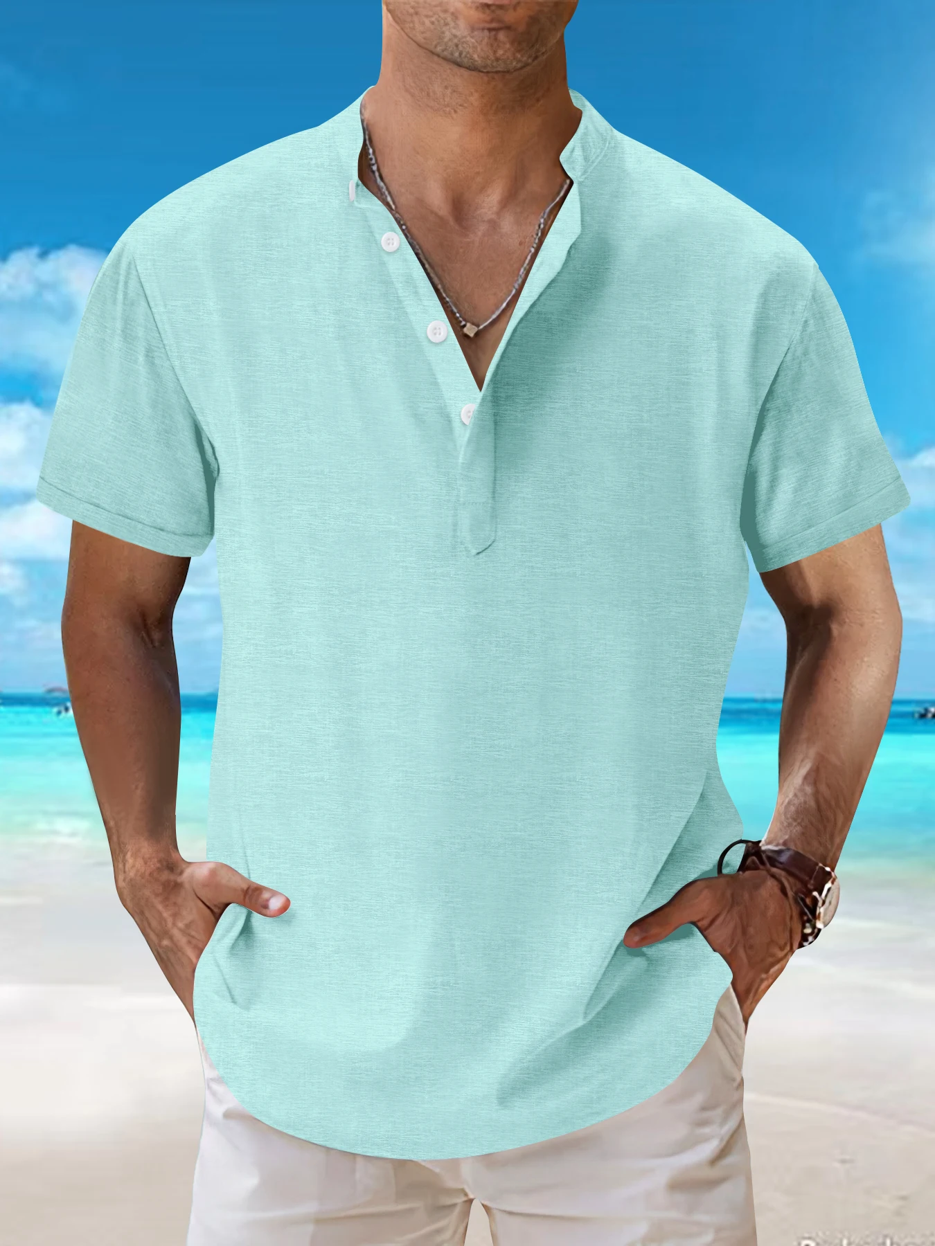 2024 summer trend stand collar solid color short-sleeved shirt button design men's casual shirt outdoor street wear handsome top