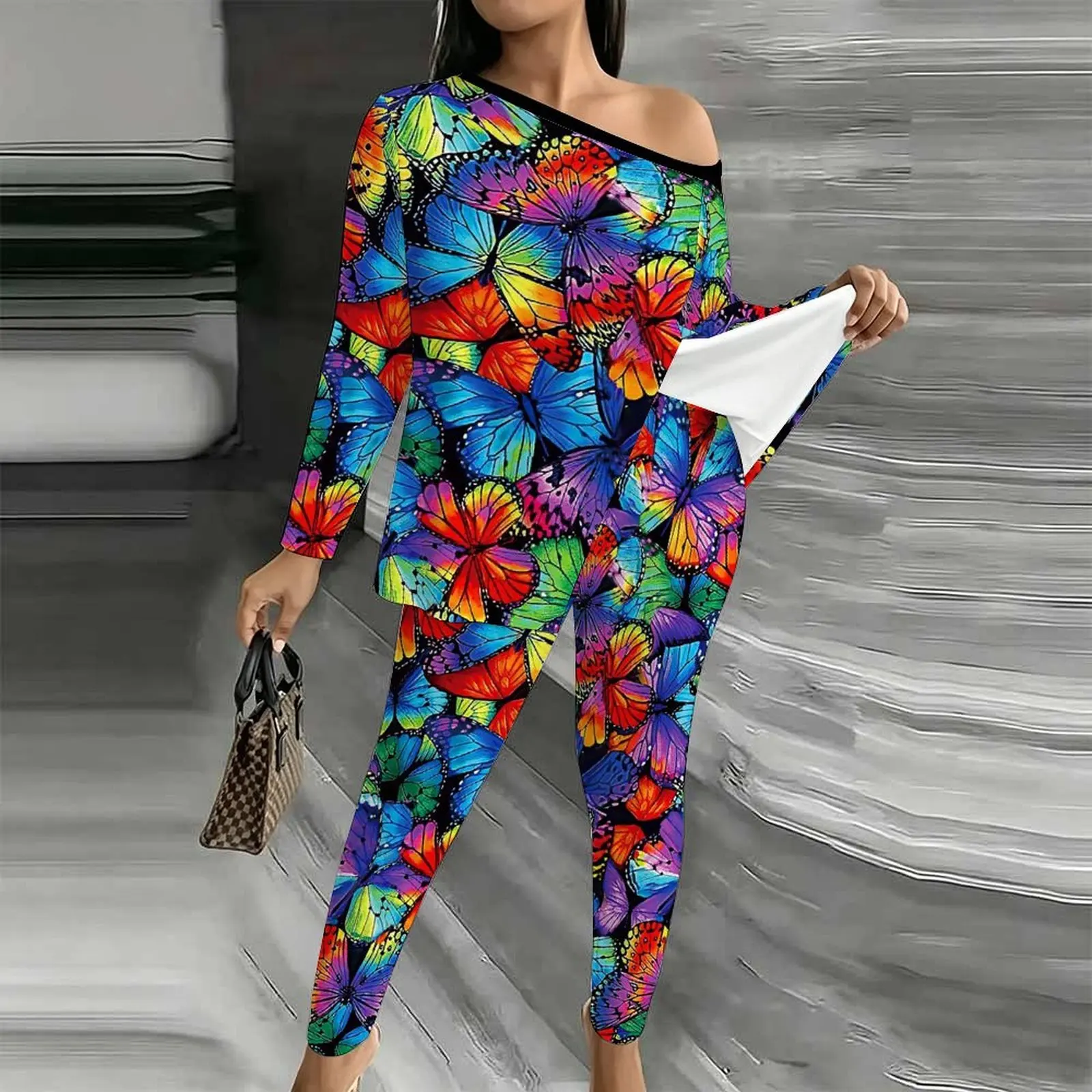 Off Shoulder T-shirt Elegant Two-piece Set Autumn Winter Diagonal Collar Long Sleeved Women's Fashion Printed Jogging Pants