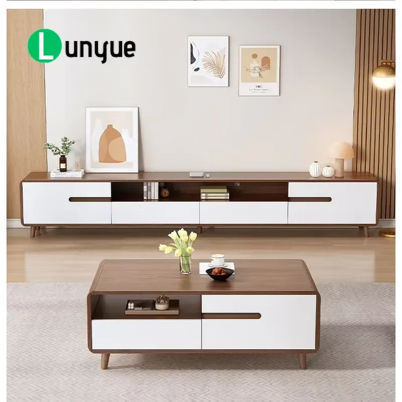 Living Room TV Cabinet with Coffee Table Combo for Small Apartment Log Color Rounded Corner Solid Wood Legs Space Saving