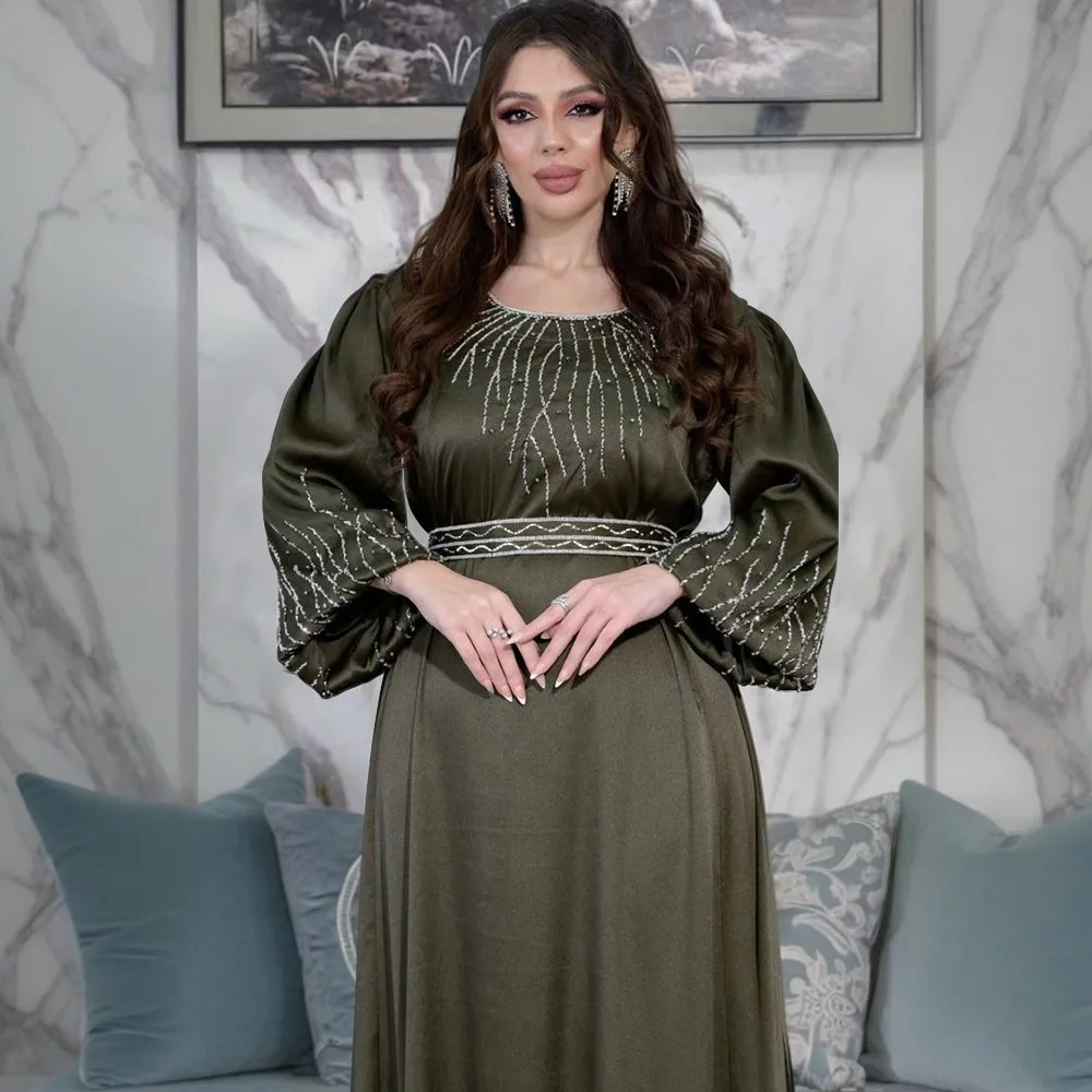 Robe de soirée de luxe pour femmes, tenue longue en diamant de dubaï avec ceinture, pour Ramadan, élégante, musulmane, Eid, caftan marocain