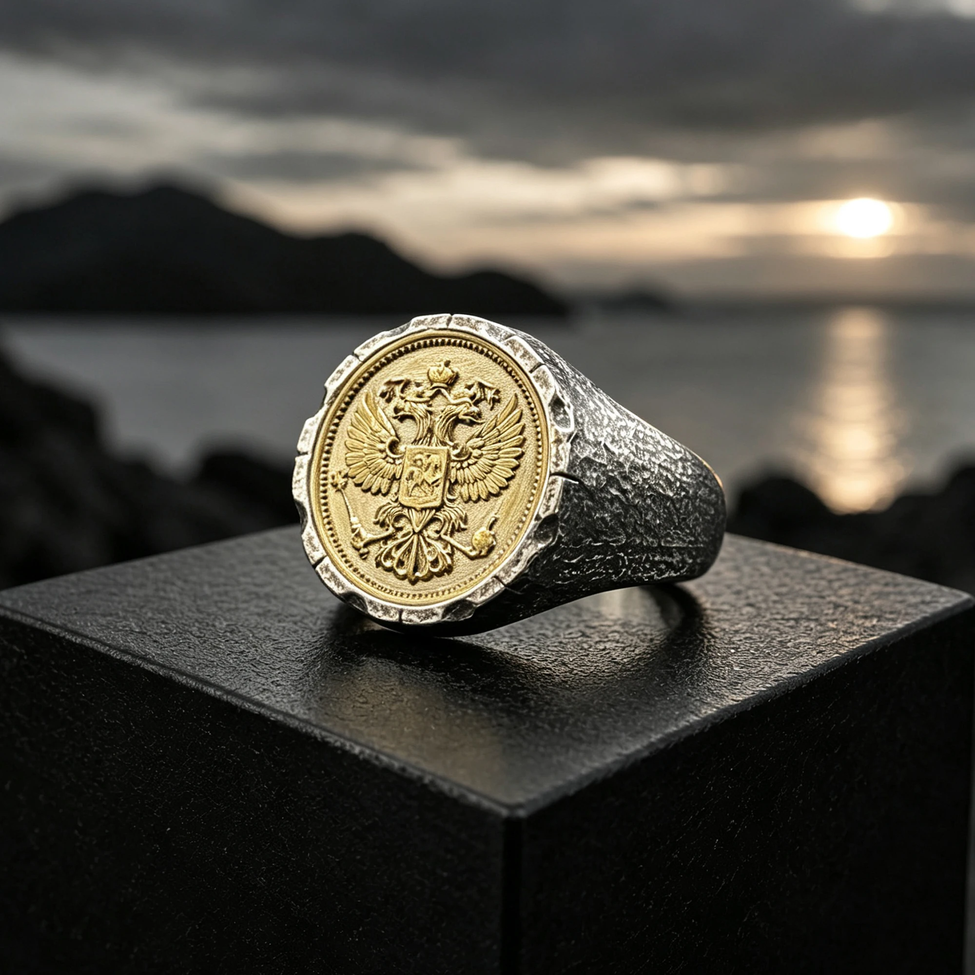 Mens Signet Ring - Cincin dengan Motif Elang Dua Kepala