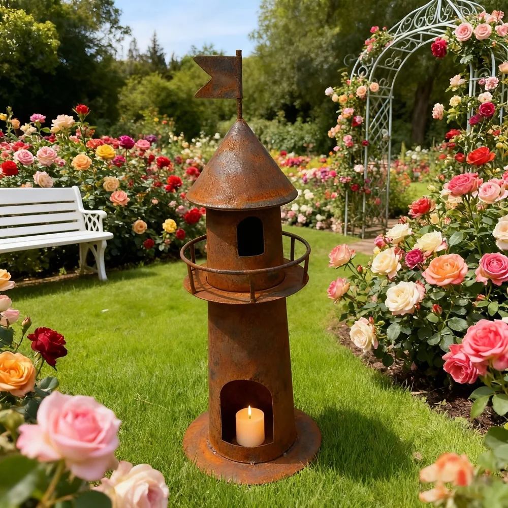 Mediterranean Style Iron Lighthouse Ornament Vintage Distressed Garden Decor Outdoor Patio Yard Landscaping Craft Statue
