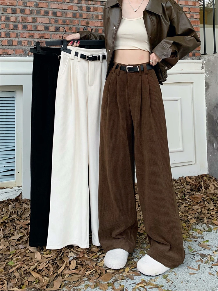 

Maillard Coffee Corduroy Casual Pants For Women's Autumn And Winter New High Waist Slim Wide Leg Pants Straight Trousers