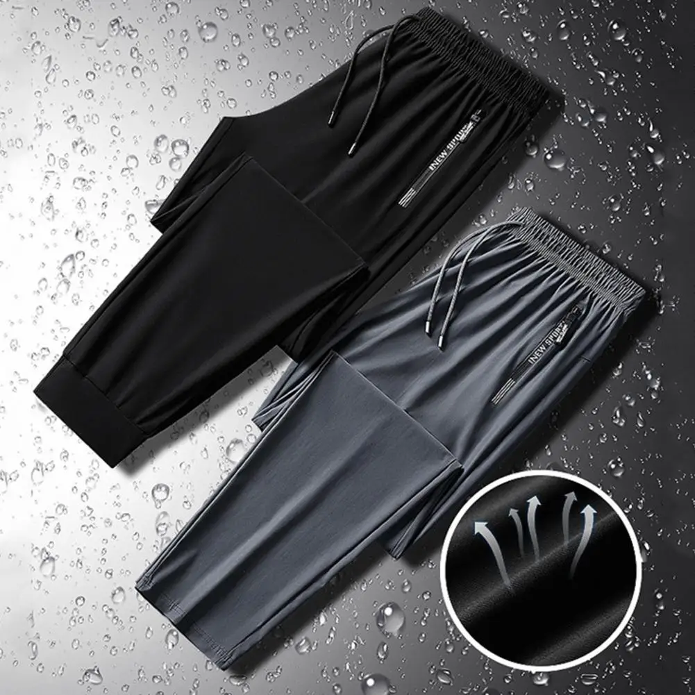 Men Gym Traning Bottoms Men Casual Pants Men's Quick-drying Ice Silk Sport Pants with Zipper Pockets Drawstring Waist Breathable