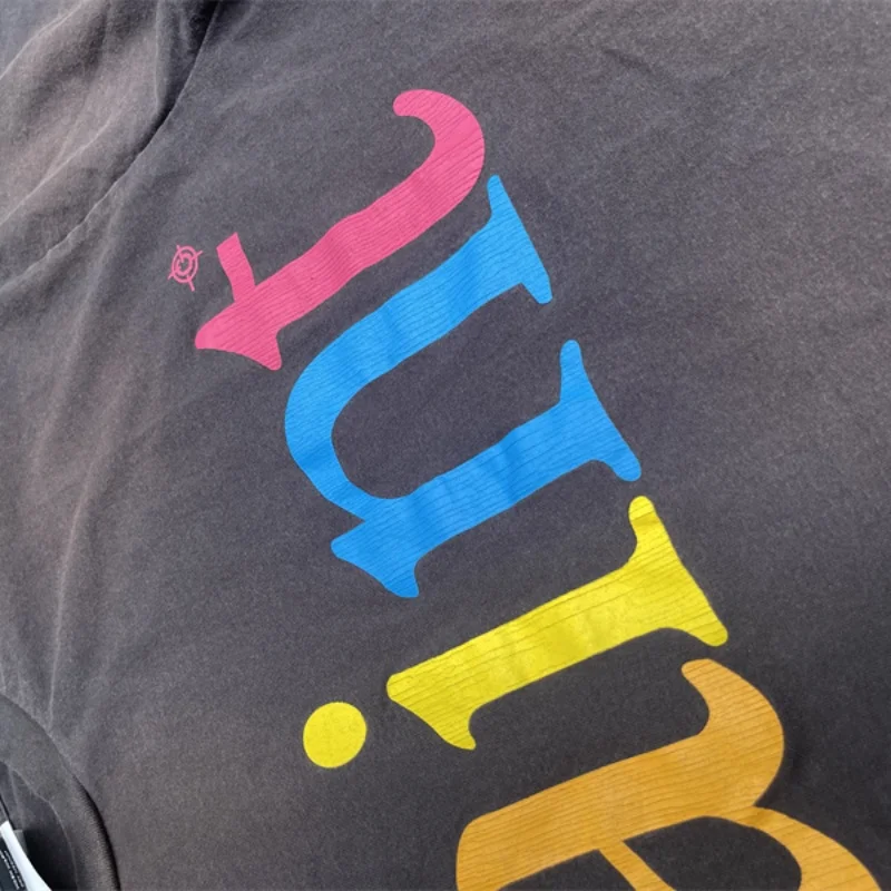Sain Vintage Crackle Colorful Letters Printed T-Shirt Mens Womens Best Quality Washed Gray Street Clothing T Shirt Tops