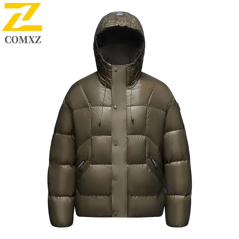 

Comxz Winter Down Jacket Men Black Shiny Puffer Jackets Hooded Casual Duck Down Coats High Quality Male Ski Windproof Warm Coat
