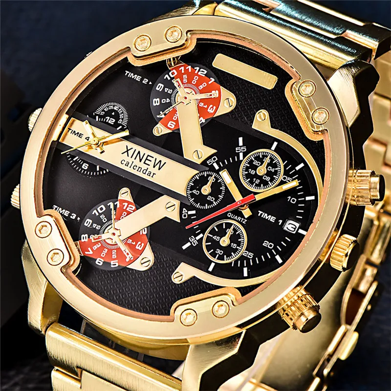 5.6cm Big Face Cool Brand Golden Watch For Men Fashion Alloy Band Simple Calendar Quartz Designer Watches DZ Montre Homme 2024