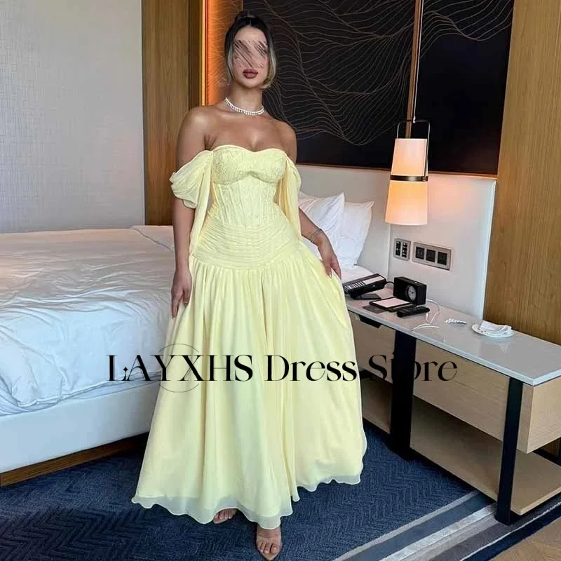 

LAYXHS Модные светло-желтые вечерние платья с открытыми плечами А-силуэта для выпускного вечера длиной до щиколотки по индивидуальному заказу فستان سهرة نسائي